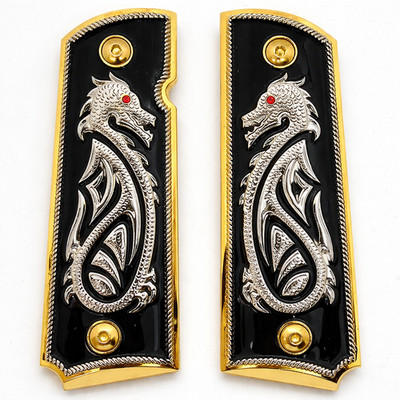 1911 Full Size Metal Grips Dragon Design Gold & Black Enamel Ambi Cut Colt Kimbe