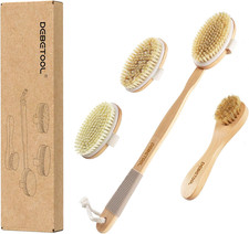 Dry Brushing Set - Natural Boar Bristle Body  Face Brush, Wooden Long Handle Sc