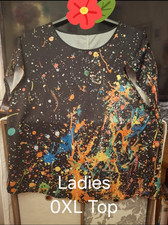 Emery Rose Women’s Top 0XL Plus Round Neck 3/4 Sleeve Black Abstract Pullover