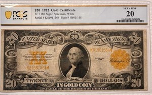 1922 $20 Gold Certificate Fr. 1187 Speelman | White PCGS 20 Very Fine