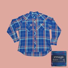 Vintage 80s Wrangler Pearl Snap Western Shirt Plaid Made In USA Mens XL Blue