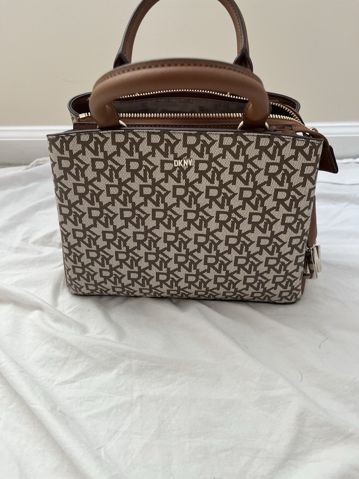 DKNY Brown Beige Logo Satchel, Top Handle, Zip, Detachable Strap, Gold Charm