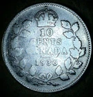 1936 Canadian 80% Silver 10 Cents King George V Circulated Canada Dime