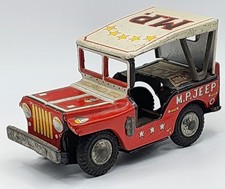 1950's Tin Toy Lithograph Red/White M.P. Jeep Japan Pressed Metal