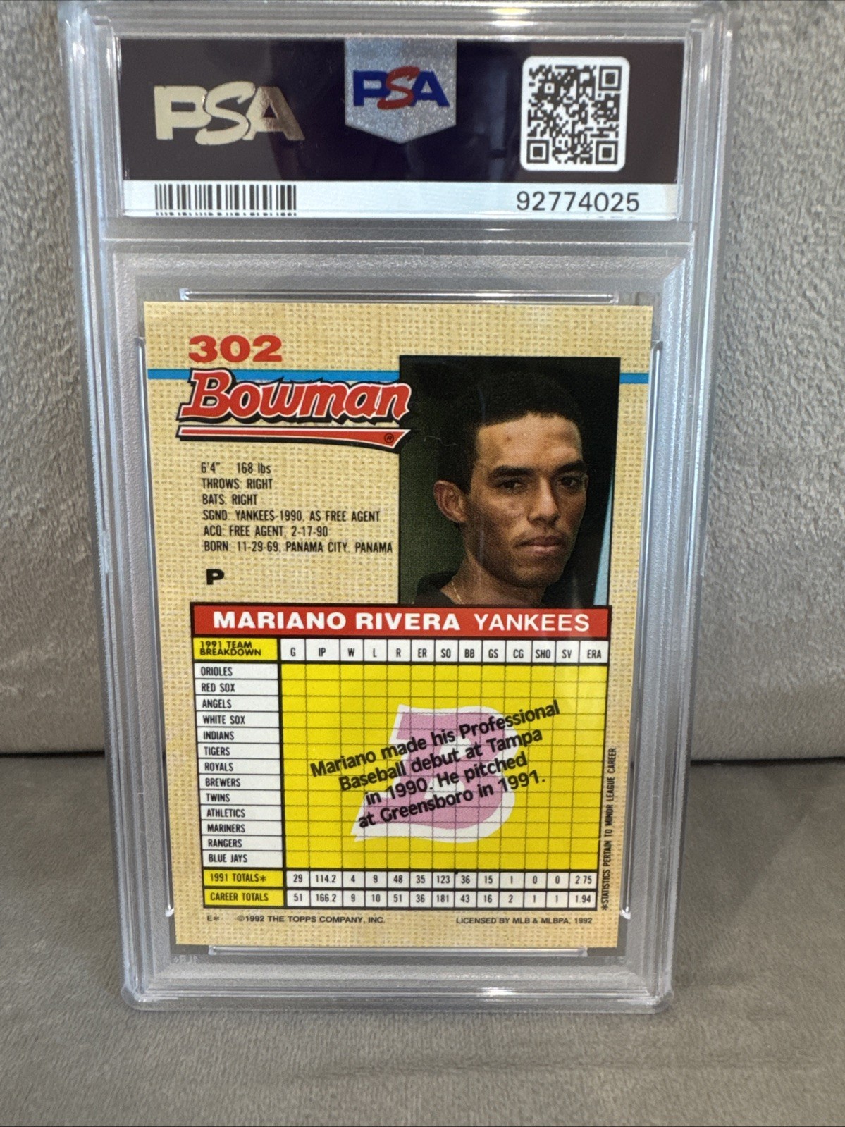 1992 Bowman - Mariano Rivera #302 E* on Back (RC) PSA9!! view 2