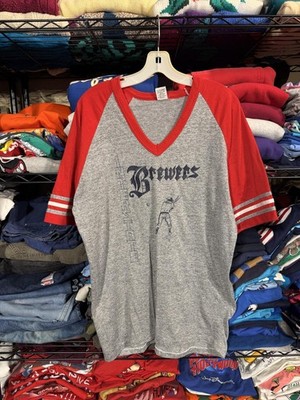 Vintage Milwaukee Brewers Shirt Mens 2XL Gray MLB Baseball Bomark 14 V Neck