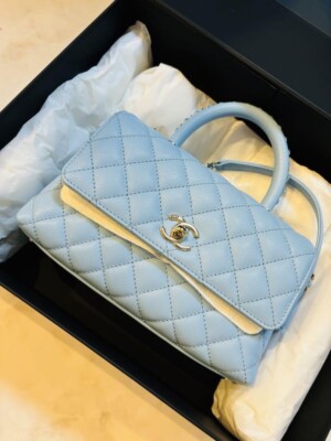 CHANEL Coco Handle 24 Flap Bag Light Blue Crossbody Purse Calf