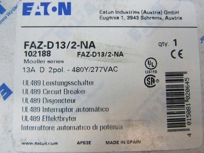Eaton NSB FAZ-D13/2-NA Miniature Circuit Breakers (MCBs) FAZ 2P 13A 480V 50/60Hz
