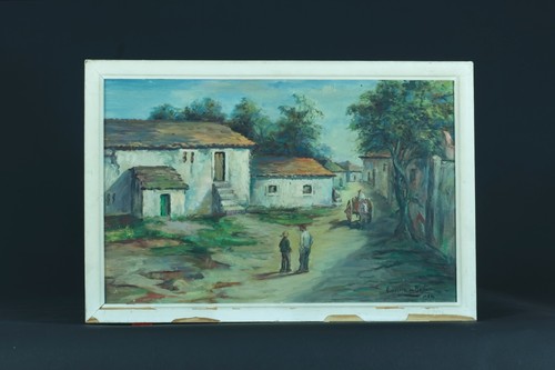 Tableau ancien école Portugaise Lisbonne scène animée village Lucília DE BRITO - Photo 2/11