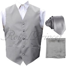New Men Silver Gray Tuxedo Suit Vest Waistcoat and Neck tie Hanky Set Wedding
