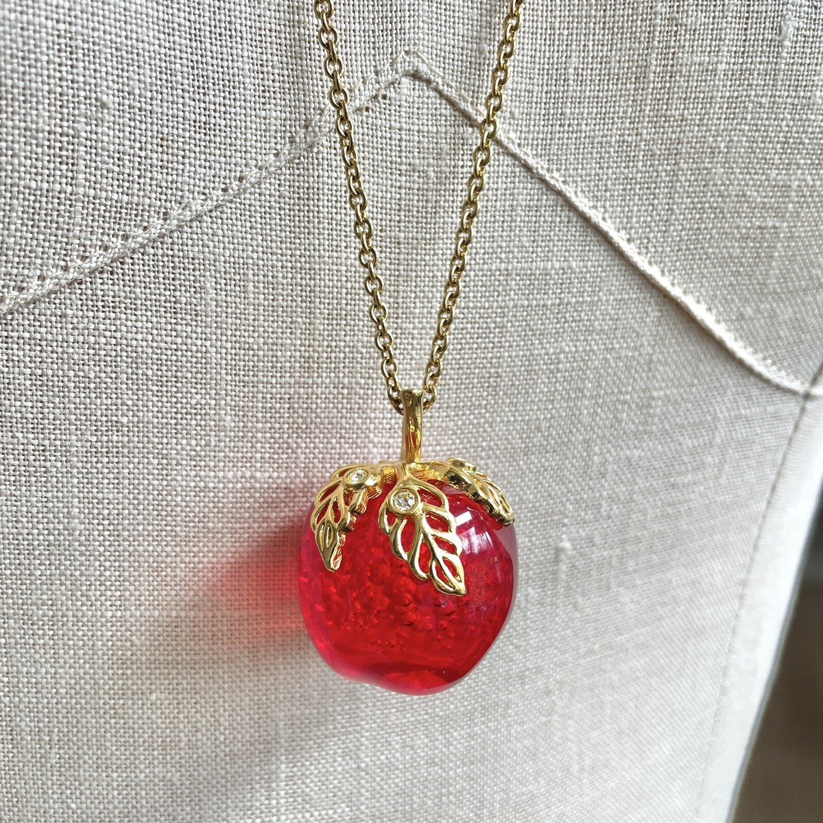 Vintage Avon Red Lucite Apple Necklace Rhinestone Accents 30” Gold