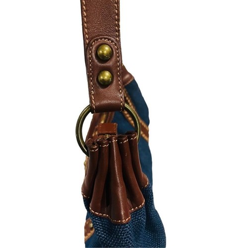 Isabella Fiore Boho Navy Blue Canvas & Embroidered Leather Satchel Shoulder Bag - Picture 4 of 9