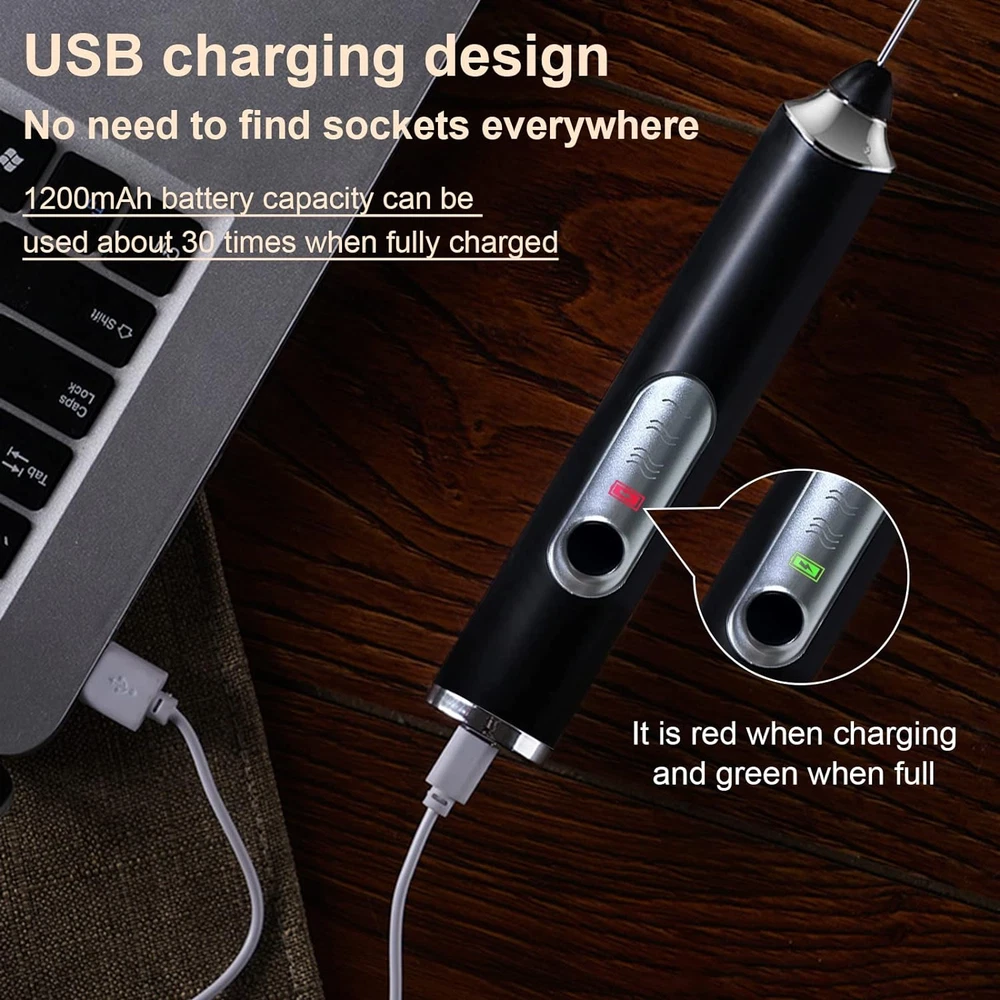 Milk Frother Handheld with 3 Heads, Electric Whisk Drink Foam Mixer with USB Rec