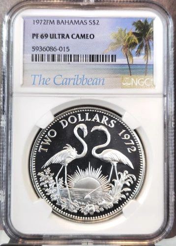 1972 BAHAMAS SILVER 2 DOLLARS FLAMINGOS NGC PF 69 ULTRA CAMEO RARE TOP POP