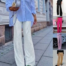 Womens Sparkly Sequin Elastic Waist Straight-leg Trouser Casual Party Pants