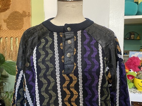 MAGLIONE VINTAGE TRUTUS PANNELLO PELLE MOTIVO GEOMETRICO STILE COOGI MED - Foto 3 di 5