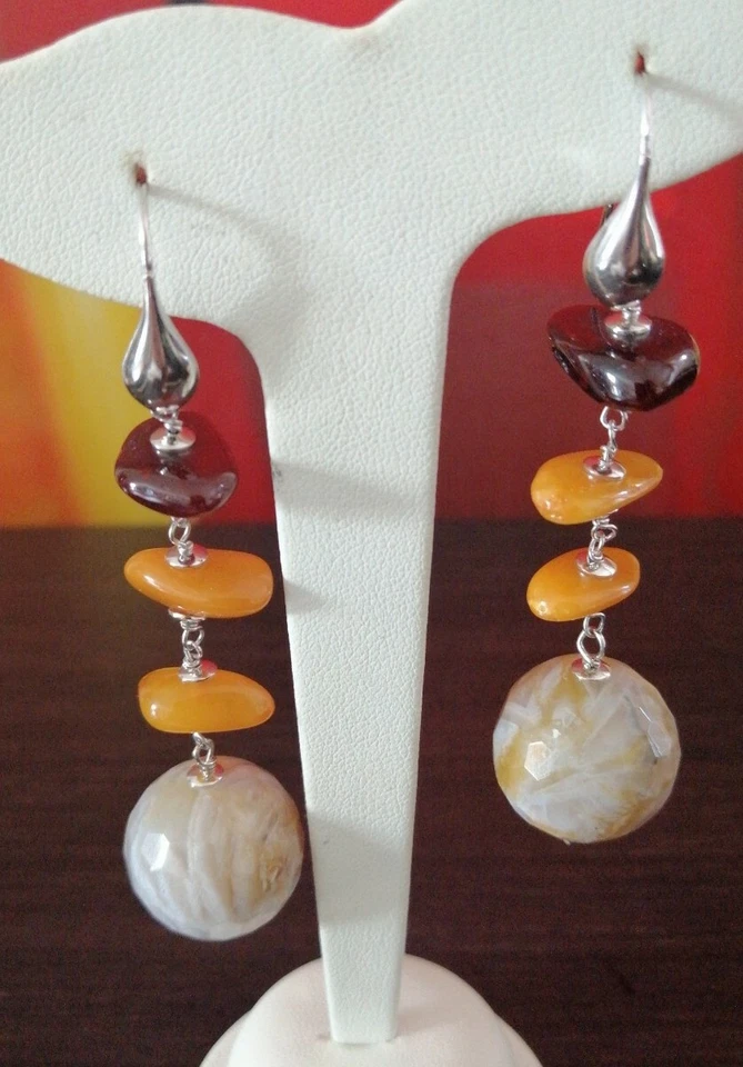 Orecchini Pendenti Ambra marrone/gialla Donna Argento 925 pietre naturali quarzo - Immagine 4 di 4