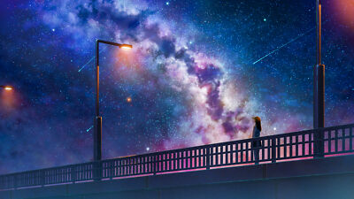 Anime girls original characters landscape sky night playmat gaming mat