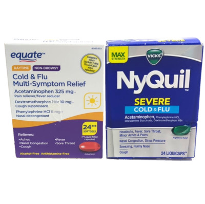 Equate Daytime & Vicks NyQuil Cold & Flu, 24 Count Each, Exp 5/26+