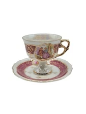 Red Demitasse Courting Couple Footed Gilded Small Cup and Saucer Vintage Japan