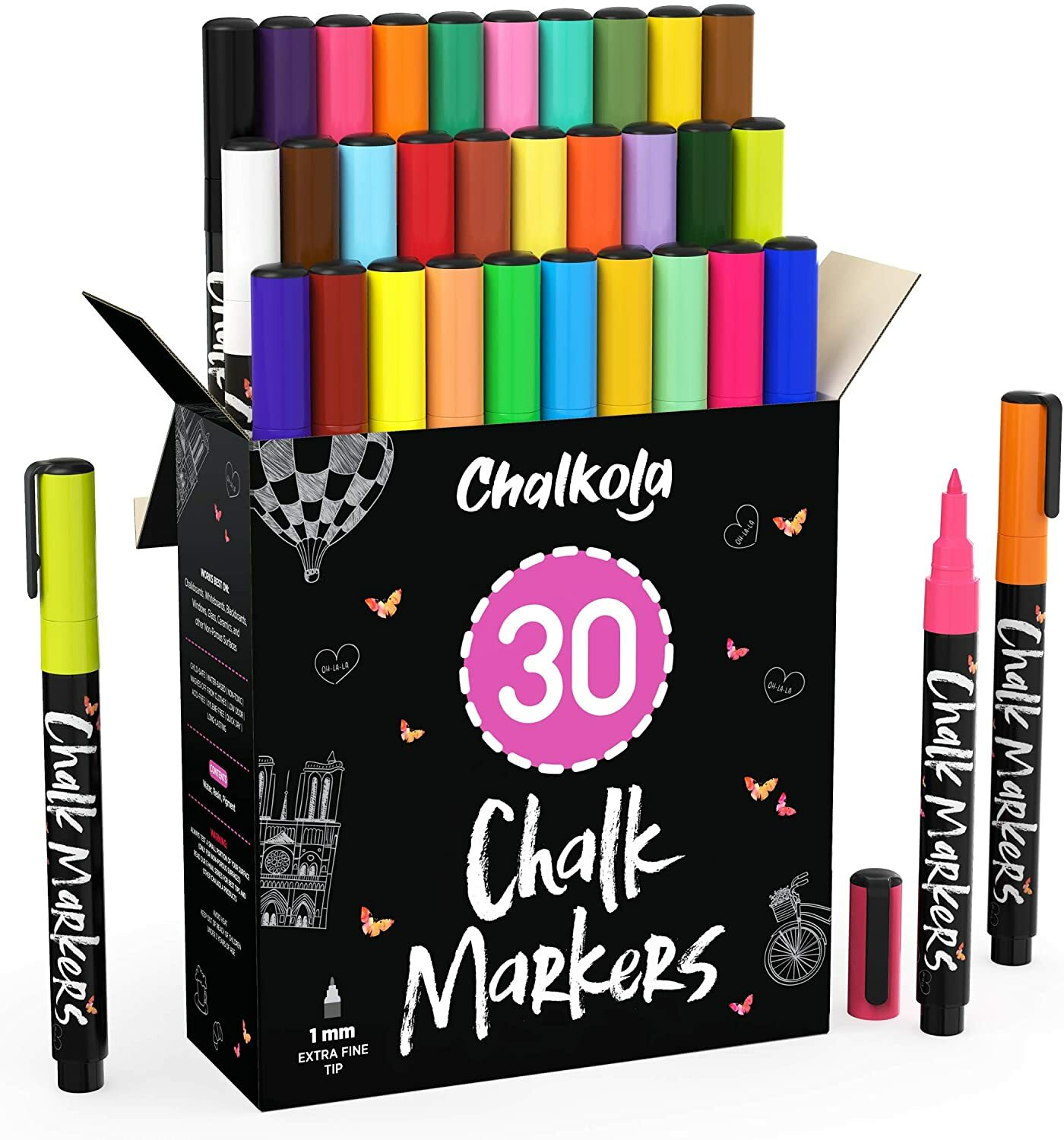 Extra Fine Tip Liquid Chalk Markers (30 Pack 1mm) Pastel + Neon Chalk Pens - Era