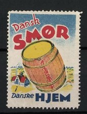 Reklamemarke Dänemark, Dansk Smør, Butterfass und Landschaft 