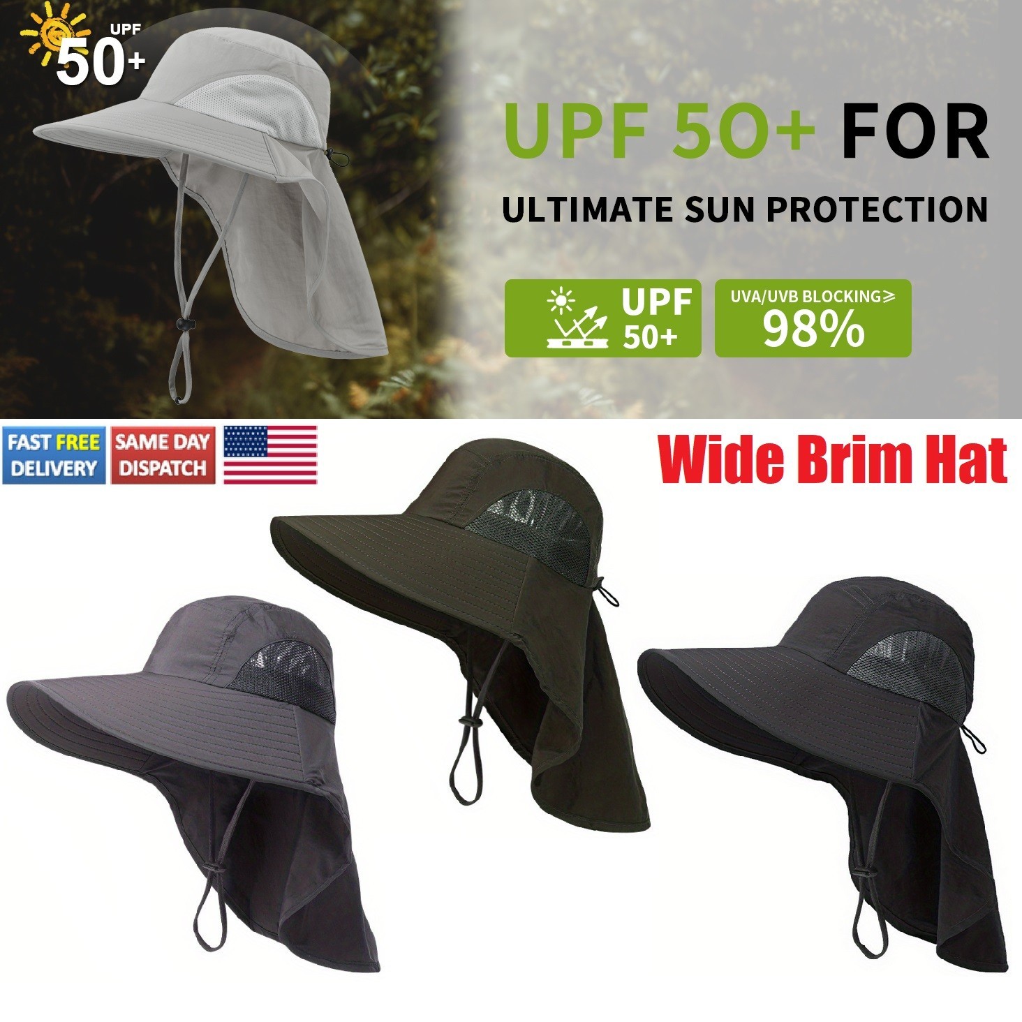 Sun Hat for Men Women with Neck Flap Wide Brim Sun Hat UPF 50+ UV Protective USA