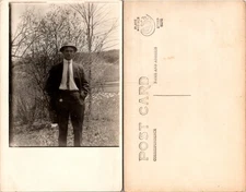 Vintage Postcard Boy in Suit and Hat - Scenic Background - Unused