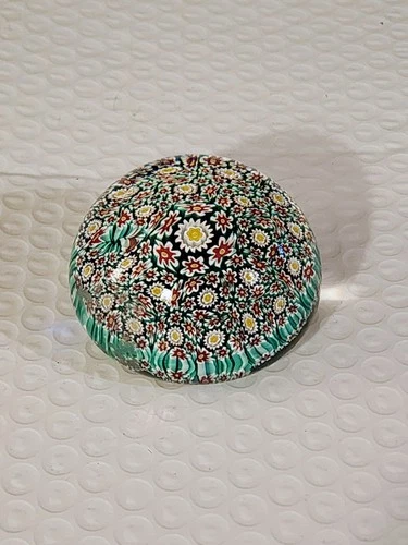 80.  Vintage Murano Millefiori Glass Paperweight Floral Canes & Green Base
