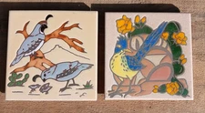 Vtg Hanging Tile Trivet Art Lot of 2 Earthtones Quail & Mag Mor Roadrunner Bird