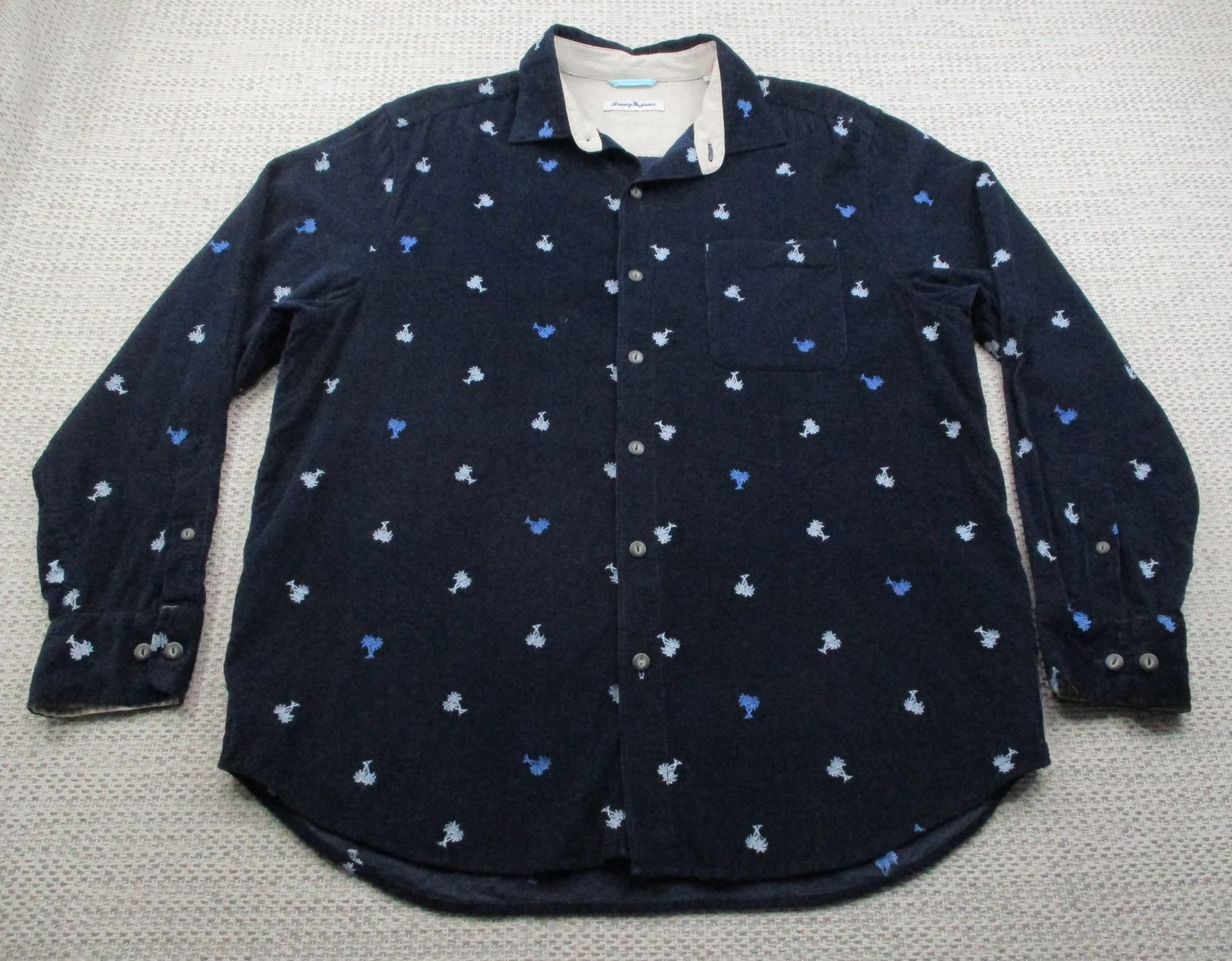 Tommy Bahama Shirt Mens Large Navy Blue Palm Tree Embroidered Corduroy Casual