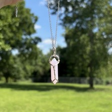 wire wrapped rose quartz crystal necklace on 16 inch silver plated chain