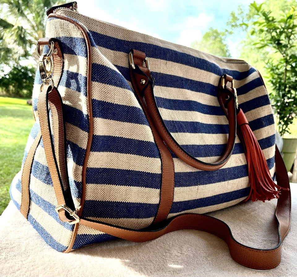 Aldo Canvas Striped Summer Tote Orange Tassel Textured Faux Leather Pre-Owned - Image 2 of 4