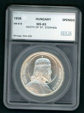 HUNGARY 5PENGO 1938 SILVER COIN KM #516 AS SHOWN