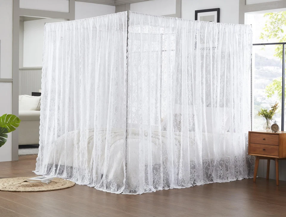 Lace Canopy Bed Curtains Set Consists of 8 48" x 78" White Canopy Curtains wi... - Imagem 2 de 4