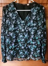 Attention Womens Sz L Long Sleeve V Neck Floral Blouse Black Green Purple