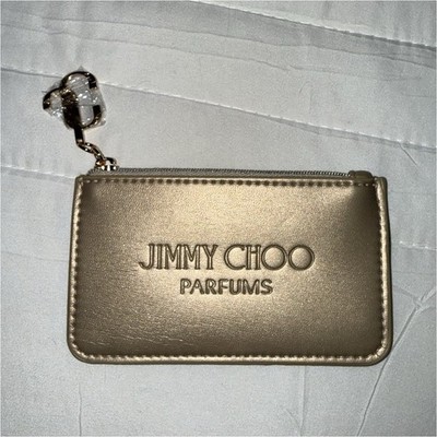 Jimmy Choo Gold Zip Pouch Key Chain Key Ring Faux Leather Metal