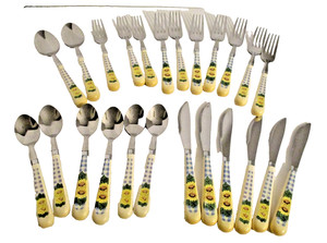 24 pcs Corelle Regents Sunsations w/Sunflower and Blue Gingham Flatware (# 2844)