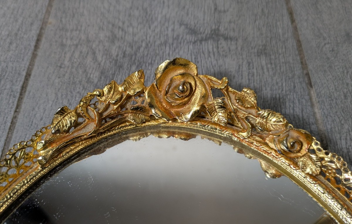 40s〜50s アメリカアンティークmatson　薔薇ゴールドバニティートレイ鏡 Vintage Matson MCM Gold Metal Vanity Tray Mirror - Floral Roses