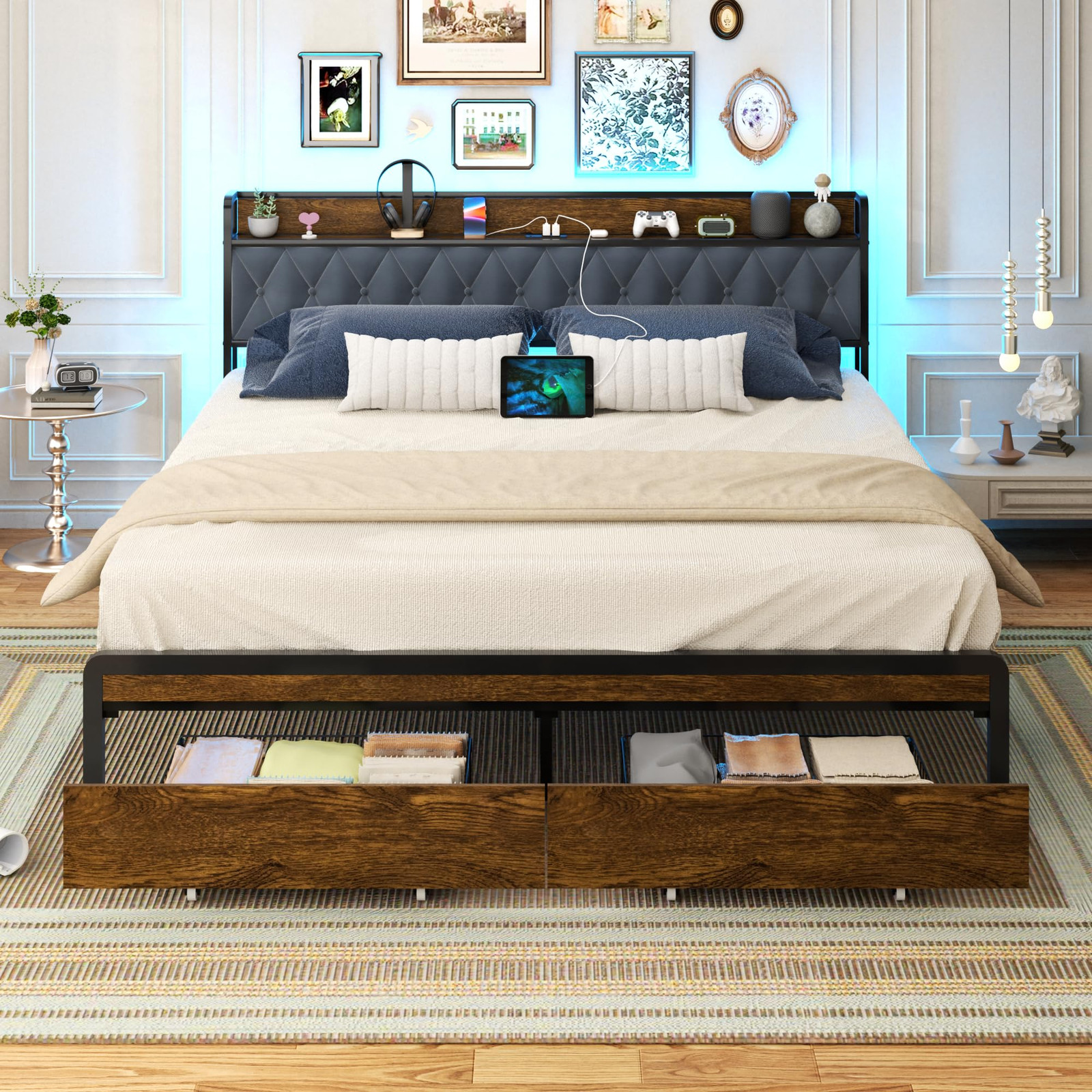 King Size Metal Platform Bed Frame with 2 Storage Drawers & LED Light, Uphols...