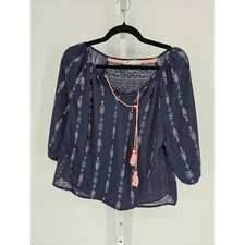 Jolt Womens Sz S 3/4 Sleeve Boho Blouse Navy Blue Arrow Print