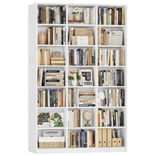 86" H Triple Wide 7-Tier Bookshelf 21 Open Shelves Wood Media Storage White