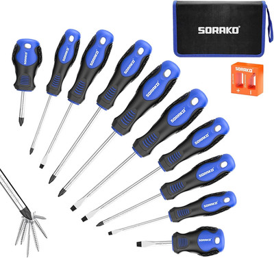 12 Piece Magnetic Screwdriver Set 5 Phillips and 5 Flat 1 Magnetising Tool 1 Sto