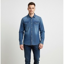 Wrangler Mens Blue Denim Western Snap Front Shirt Long Sleeve Flex Comfort Small