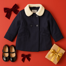 OshKosh B  Gosh Girls Navy Double Breasted Faux Wool Coat Shearling Collar 6 / 6X