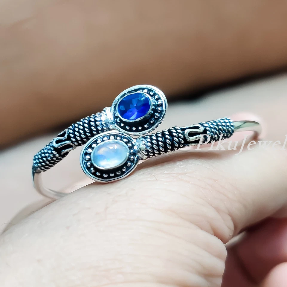 Brazalete brazalete de plata de ley 925 con piedras preciosas de luna y tanzanita para función Foto 4 de 4