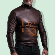 Unisexs Adult Men's Brown Leather Hi-Neck Genuine Lambskin Leather Hi-Neck