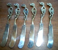 6 VTG Ornate Dragon Brass Flatware Butter Knives Cheese Spreaders Caviar Knife