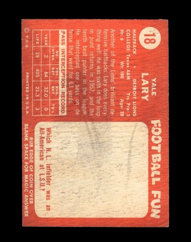 1958 Topps Set-Break # 18 Yale Lary VG-VGEX *GMCARDS* - Picture 2 of 2