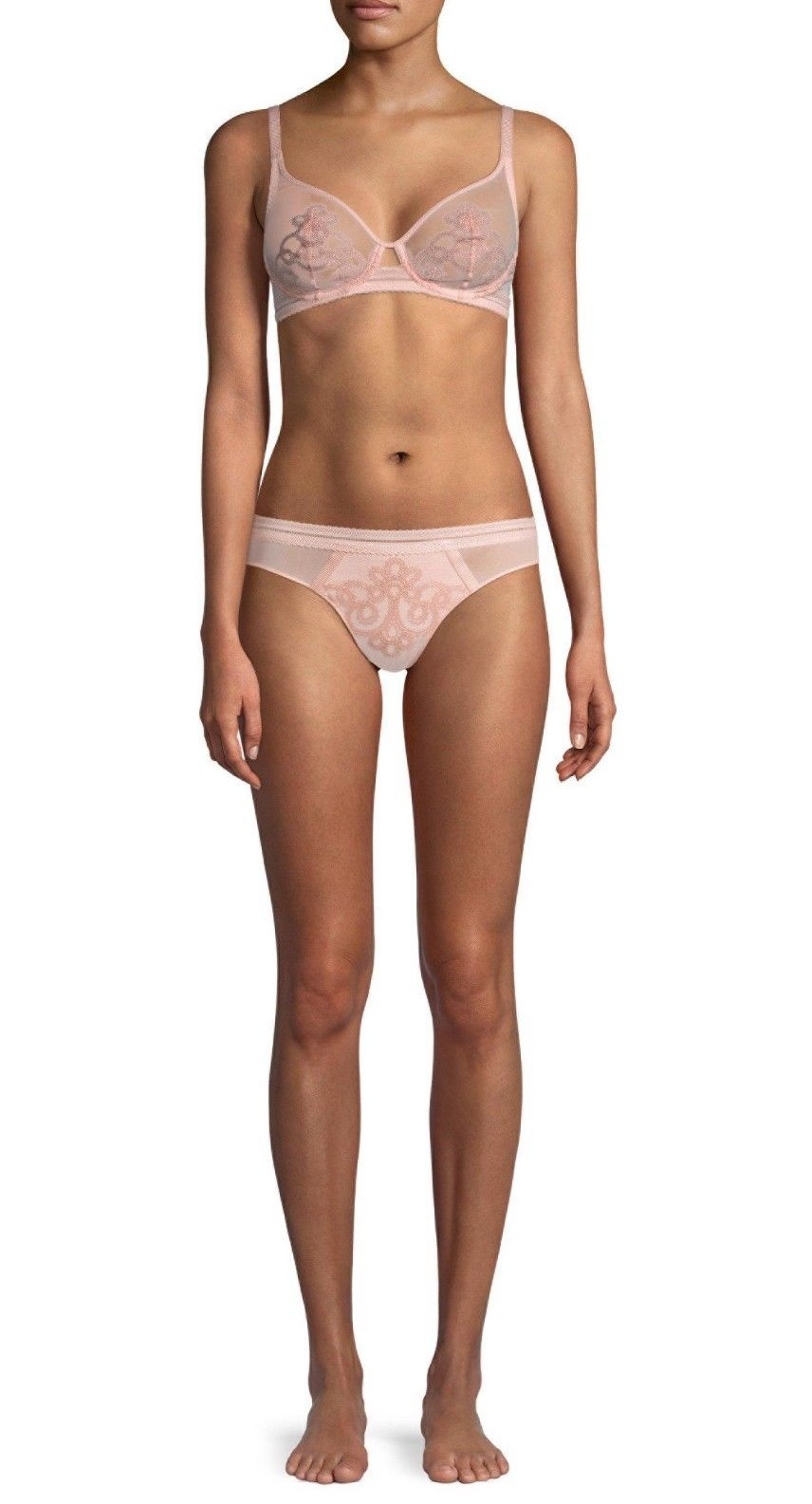 Simone Perele LIMA Ballerina Pink Sheer Stretch Nylon Plunge UW Bra 32D  Thong S